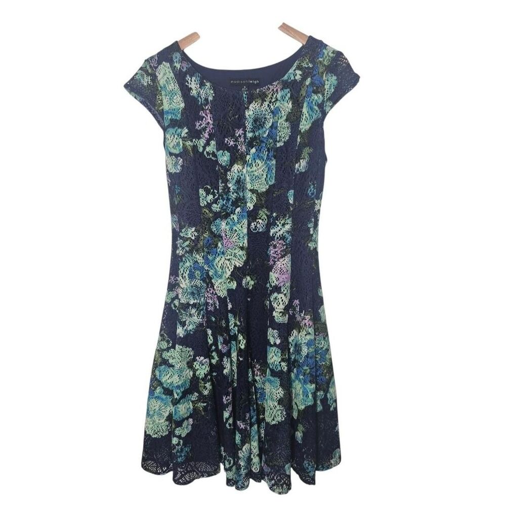 Madison Leigh Navy Floral Lace Fit and Flare Dress Cap Sleeves Size 8